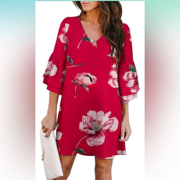 NEW Red Floral V-Neck Bell Sleeve Career Shift Dress S - Picture 1 of 5